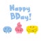 Hand-drawn funny tiny doodles-monsters with thin handles. Birthday greeting card. Funny smiling emoticons on their faces