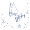 Hand-drawn gaff sloop and graphic elements on the theme of the sea and sailing. Vector black and white sketch