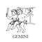 Hand drawn Gemini. Zodiac symbol in vintage gravure or sketch style. Young boys seminude, wearing toga. Retro astrology constellat