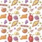 Hand Drawn Georgian Food Seamless Pattern. Georgia Traditional Cuisine Background with Dumpling and Khinkali