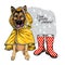 Hand drawn german shepherd with yellow raincoat and gumboots. Vector spring greeting card. Cute colorful dog with