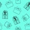 Hand drawn gift boxes seamless pattern. Vector turquoise background with sketch presents