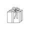 Hand drawn gift decorated with ribbon and bow. Doodle drawing style, minimalism, sketch. Isolated. Holiday vector illustration