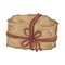Hand drawn gift illustration. brown craft paper wrapped package tied with cord or twine. Vintage gift box icon. present
