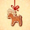 Hand-drawn gingerbread deer with red ribbon