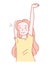 Hand-drawn girl with red hair, a yellow T-shirt. Girl smiles and stretches. Flat image on white