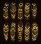 Hand drawn golden ethnic feathers set isolated on brown background. Collection of stylized tribal elements.