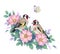 Hand Drawn Goldfinches Sitting on Dog-Rose Branch