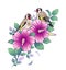 Hand Drawn Goldfinches Sitting on Hibiscus Branch