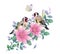 Hand Drawn Goldfinches Sitting on Pink Flower