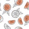 Hand drawn grapefruits, oranges pattern on white background.