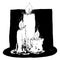 Hand drawn graphic vector Burning candles on white background. Black and white objects of different heigh. Candlelight