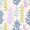 Hand drawn grass field, branches pastel blue, green, violet seamless pattern. Floral pattern.