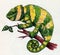 Hand drawn green chameleon with yellow stripes