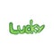 Hand drawn green lettering of word Lucky in green color. Watercolor pencils illustration in cartoon style