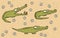 Hand drawn grunge illustration set of three cute crocodiles on f