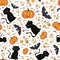 Hand drawn Halloween cats, bats, pumpkins and candy treats. Lively seamless vector pattern on subtle spiderweb white