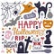 Hand drawn Halloween colorful doodles print with lettering, pumpkin, bat, cat, ghost and other elements.
