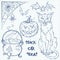 Hand drawn halloween doodles collection set over squared paper background. Cat, cauldron, spider, pumpkin and bats vector