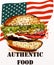 Hand drawn hamburger fresh and tasty on USA flag back.Authentic