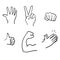 Hand drawn Hand Emojis Gestures Vector Icons Set. Biceps, fist, folded hands, victory. doodle