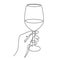 Hand drawn hand holds wine glass one line art,continuous drawing contour.Cheers toast festive decoration for holidays,romantic