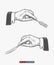 Hand drawn hands holding fork and knife. Engraved style vector illustration.
