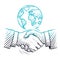 Hand drawn handshake. International business concept with handshaking and globe. Sketch global partnership leadership