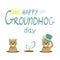 Hand-drawn Happy Groundhog Day inscription. Cute cartoon groundhogs, sun and clouds isolated on white background