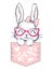 Hand drawn happy rabbit is sitting in a pink pocket with flowers on the white background. Childish print for kids apparel, nursery