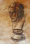 Hand drawn head, Illustration half face. Gypsum bust drawn in pencil. Profile portrait. Bust of Voltaire by Houdon.