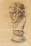 Hand drawn head, Illustration half face. Gypsum bust drawn in pencil. Profile portrait. Bust of Voltaire by Houdon.