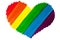 Hand drawn heart in LGBTQ community rainbow flag colors on white background isolated close up, painted colored LGBT pride symbol