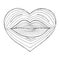 Hand drawn heart with lips inside. Linear shape transformation from lips to the heart. Black line on white background