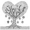 Hand drawn heart shape tree for coloring book for adult