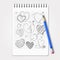 Hand drawn hearts set with realistic pencil and notebook