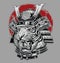 Hand drawn highly detailed Japanese tiger samurai vector illustration on grey ground