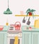 Hand drawn home cooking in cartoon style. Colorful doodle kitchen interior with kitchenware, kettle, oven, stove