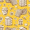 Hand drawn honey seamless pattern with jars, bee, flowers and beehive