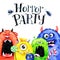 Hand drawn horizontal frame with watercolor funny monster heads. Celebration illustration. Cartoon horror party. Funny