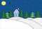 Hand drawn house in forest in winter at night. Painted kid`s drawing. Snow hills and fir trees and house and moon and stars.