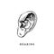 Hand drawn icon of human sense of Hearing in engraved style. Vector illustration of mans Ear