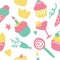 Hand-drawn icons of sweets and drinks. Pie, cake, cupcake cocktail ice-cream, lollipop. Vector