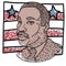 Hand drawn iIlustration of Martin Luther King, Jr. to celebrate MLK day. American flag texture