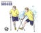 Hand drawn illustration. Amputee Football players. Vector sketch sport. Graphic figure of disabled athletes on crutches