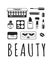 Hand drawn illustration beauty products . Creative ink art work. Actual vector makeup drawing