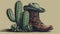 A hand-drawn illustration of a cactus wearing a cowboy hat and boots created with Generative AI