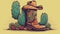 A hand-drawn illustration of a cactus wearing a cowboy hat and boots created with Generative AI