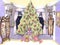 Hand drawn illustration cartoon childrens style festive decor room close-up new year christmas tree from a fairy tale european