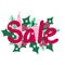 Hand drawn illustration of christmas winter sale business discount sign, ornaments holly snowflakes. Commercial